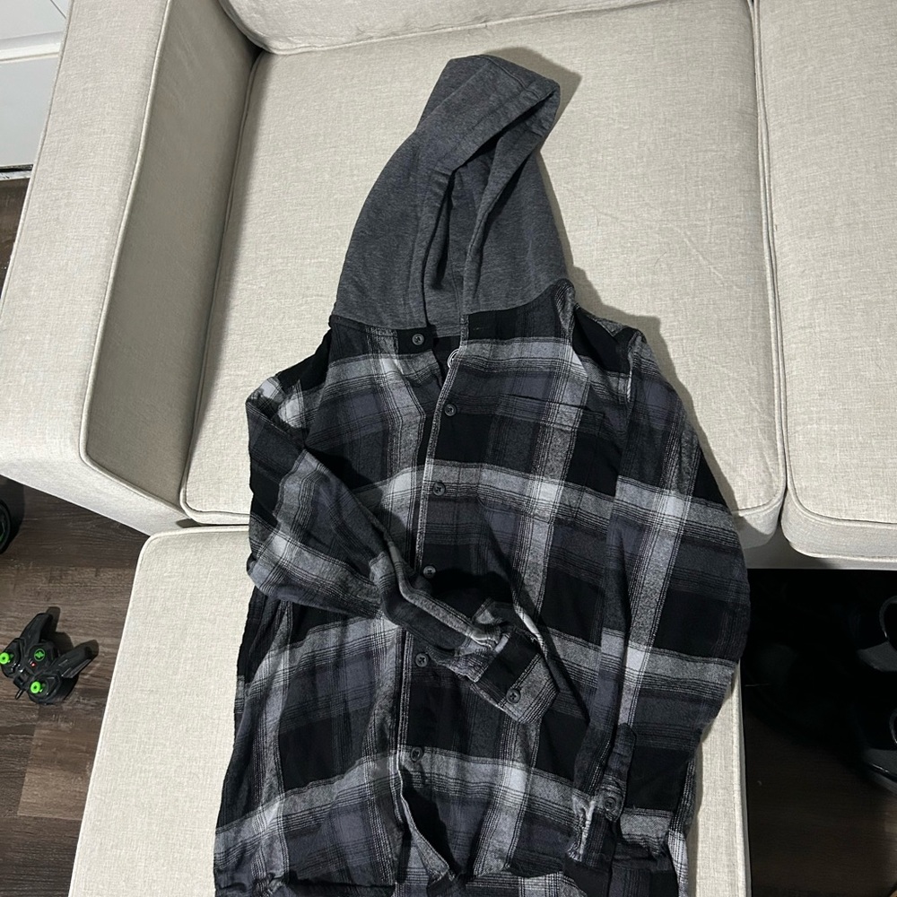 Plaid Hooded Shirt Jacket - Black and Gray